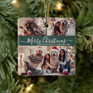 Elegant Script 3 Photo Collage Green Christmas Keramisch Ornament