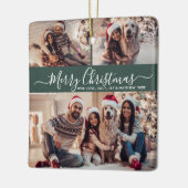 Elegant Script 3 Photo Collage Green Christmas Keramisch Ornament (Links)