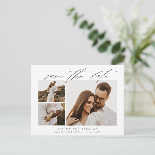 Élégant Script 3 Photo Mariage Carte de Faire-Part (Debout devant)