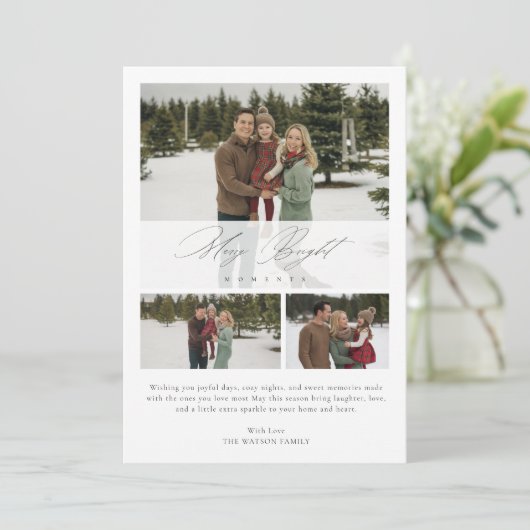 Elegant Script 3 Photo Merry Bright Moments Feestdagenkaart (Staand voorkant)