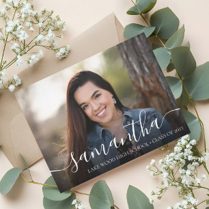 Elegant script 3 Photo Navy Blue Afstuderen Gold Folie Uitnodiging