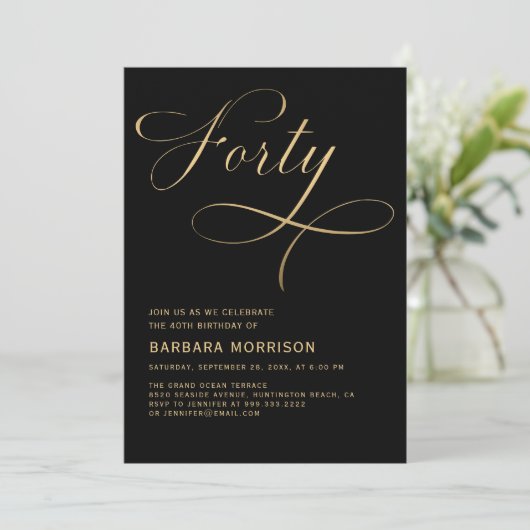 Elegant script 40 zwart goud 40e verjaardag kaart (Staand voorkant)
