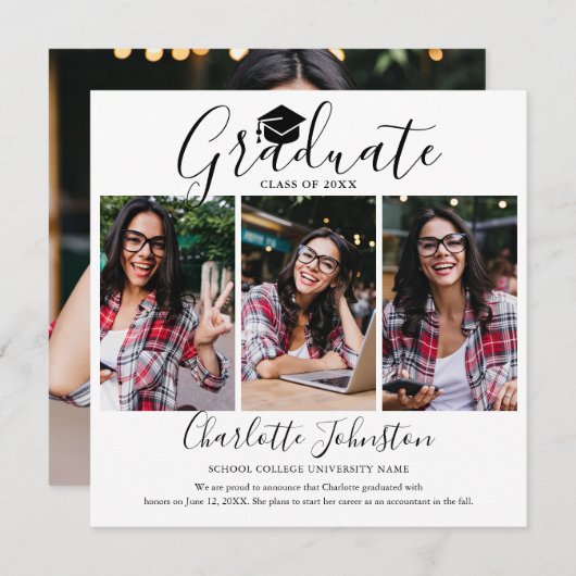 Élégant Script 4 Photo Graduation Faire-part (Devant / Derrière)