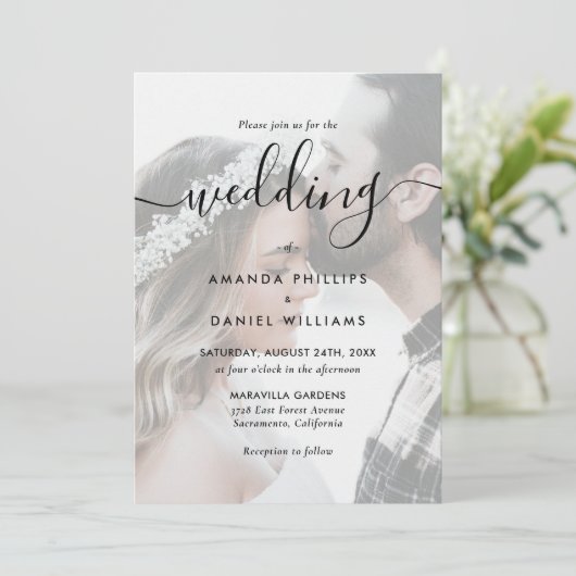 Elegant Script 4 Photo Wedding Kaart (Staand voorkant)