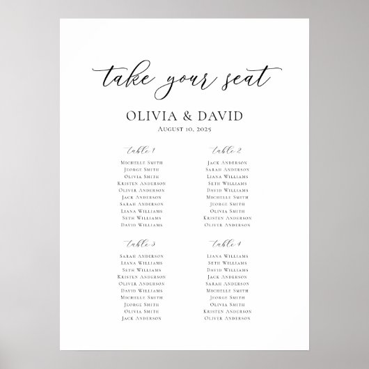Elegant Script 4 Tafels Welkom Zittingkaart Poster (Voorkant)