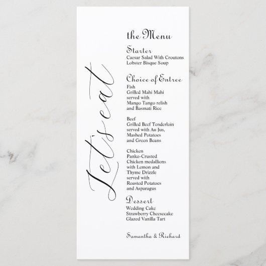 Élégant Script 4x9" Mariage Table de marée Menu (Devant)