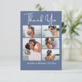 Elegant script 5 foto's collage blauw nova bruilof bedankkaart (Staand voorkant)