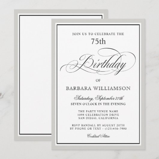Élégant Script 75e anniversaire de fête Invitation (Devant / Derrière)