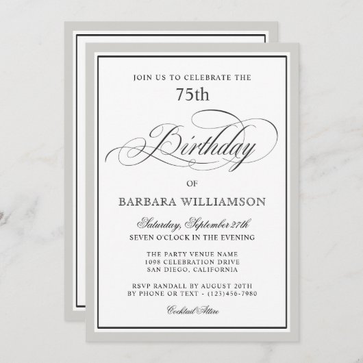 Elegant Script 75e verjaardagsfeest uitnodiging (Voorkant / Achterkant)