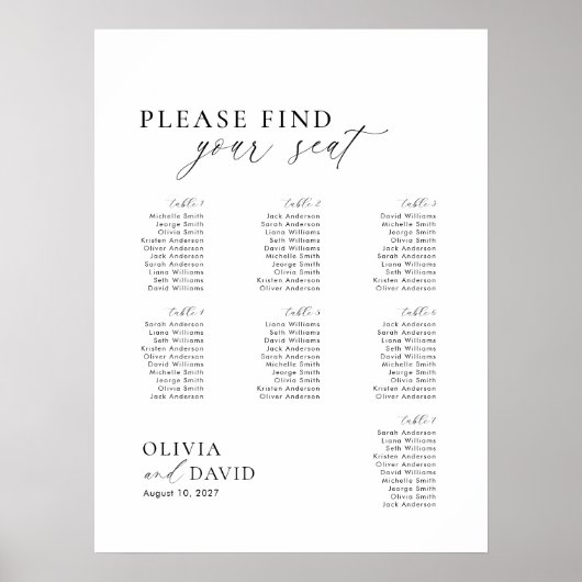 Elegant Script 7 tafel Zitting Grafiek Foam Board Poster (Voorkant)