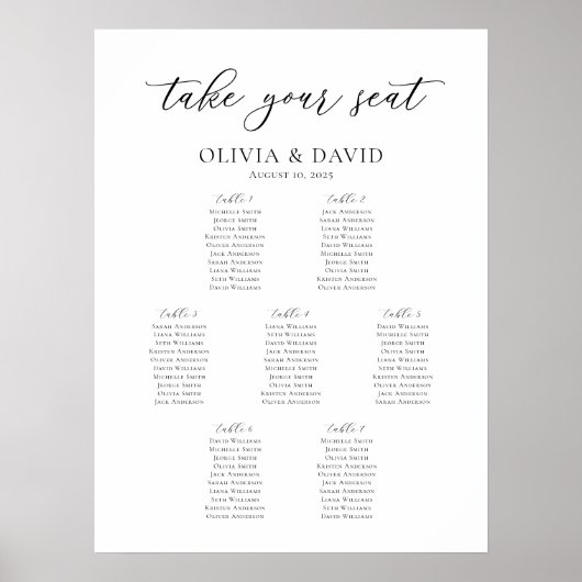 Elegant Script 7 Tafels Welkom Zitschema Poster (Voorkant)