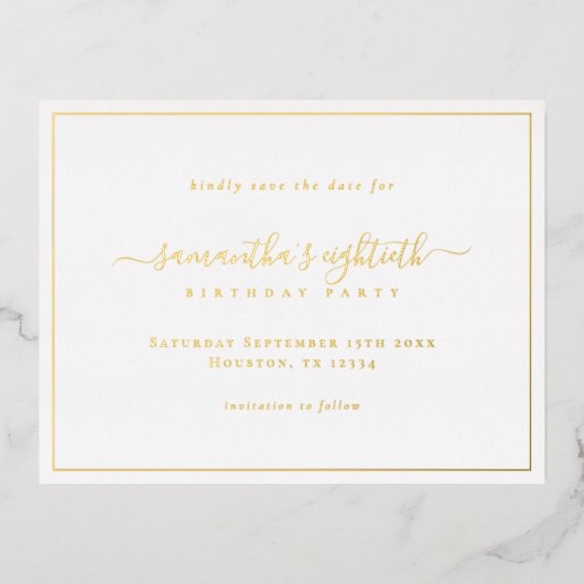 Elegant Script 80e verjaardag Bewaar de datumkaart Folie Feestdagen Briefkaart (Voorkant)