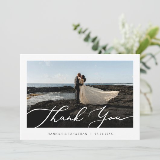 Elegant script aangepaste foto bruiloft bedankkaart (Staand voorkant)