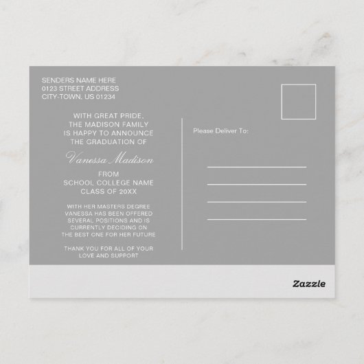 Elegant script | Aankondiging van moderne Afstudee Briefkaart (Achterkant)