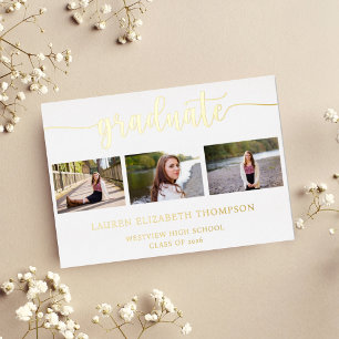 Elegant Script Afstuderen 3 Foto Goud Folie Uitnodiging