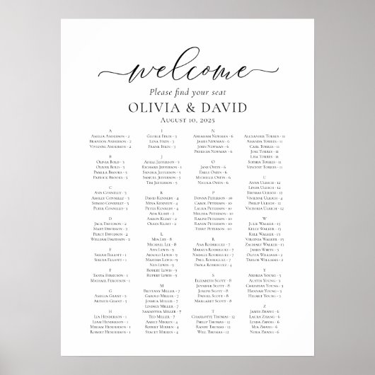 Elegant Script Alfabetisch Welkom Zittingschema Poster (Voorkant)