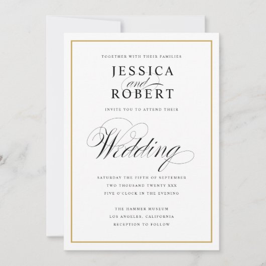 Elegant Script and Gold Border Wedding Kaart (Voorkant)