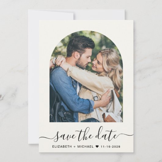 Elegant Script Arch Photo Cream Bruiloft Save The Date (Voorkant)