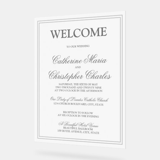 Élégant Script Argent Mariage de bordure Bienvenue (Angle)