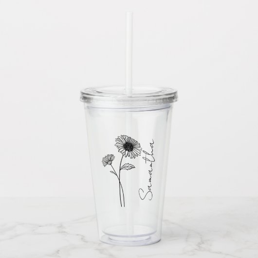 Elegant Script Aster September Geboorte Bloem Naam Acryl Drinkbeker (Voorkant)