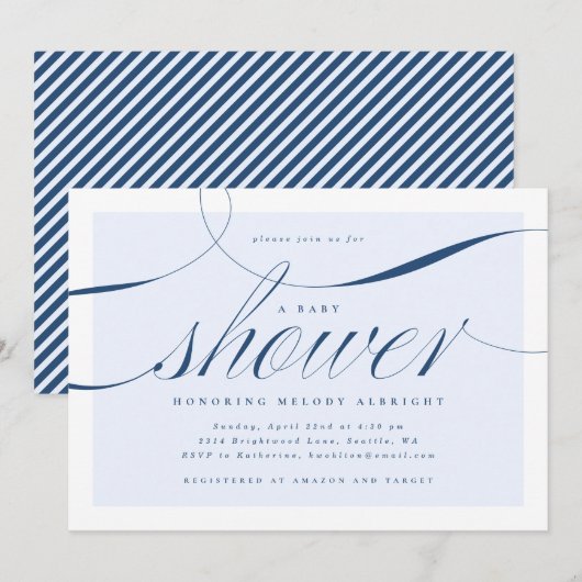 Élégant Script Baby shower bleu Invitation (Devant / Derrière)