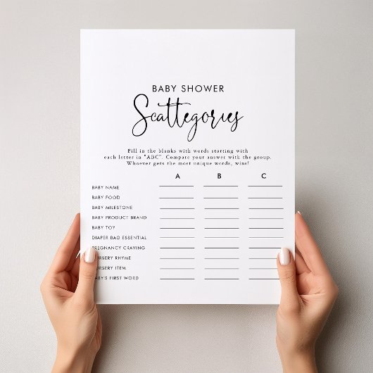 Elegant Script Baby shower Scatories Game