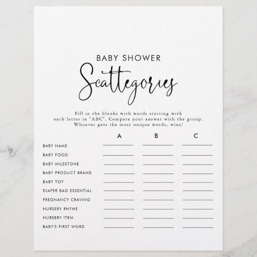 Elegant Script Baby shower Scatories Game (Voorkant)