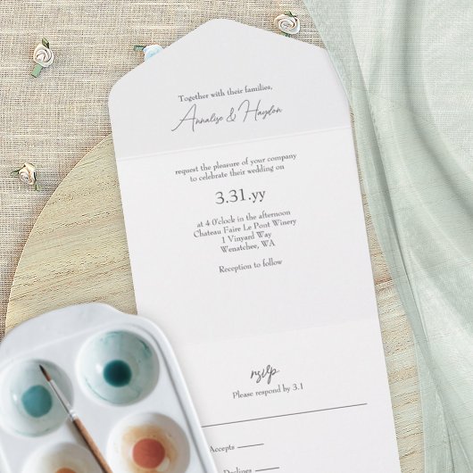Elegant script Basic, minimalistische bruiloft All In One Uitnodiging
