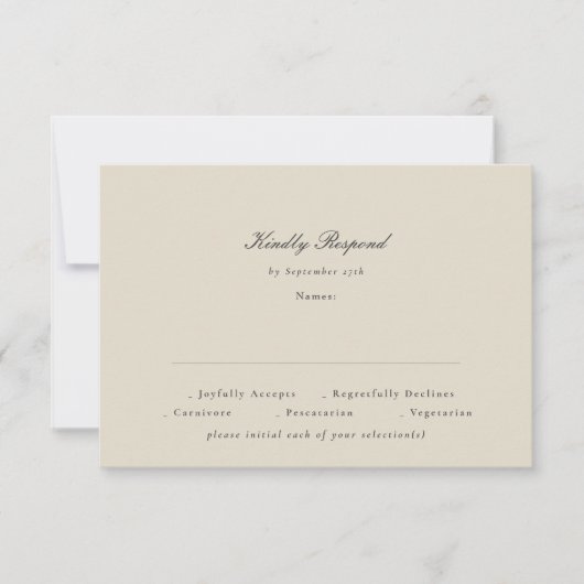 Elegant Script Beige Houtskool Formal De Trouwdag RSVP Kaartje (Voorkant)