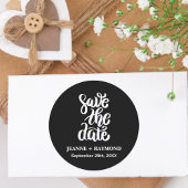 Elegant Script Bewaar de datum Boho Black Wedding Ronde Sticker
