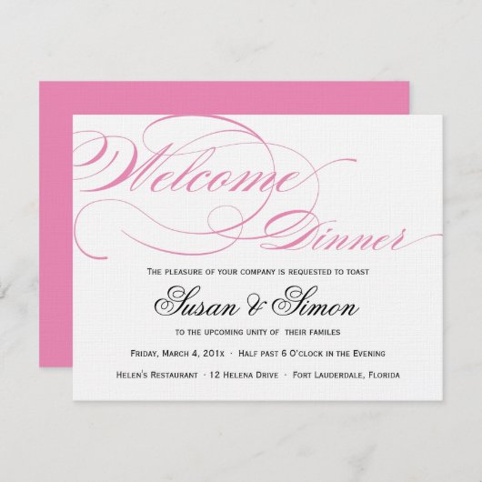 Élégant Script Bienvenue Dîner Invitation Rose (Devant / Derrière)