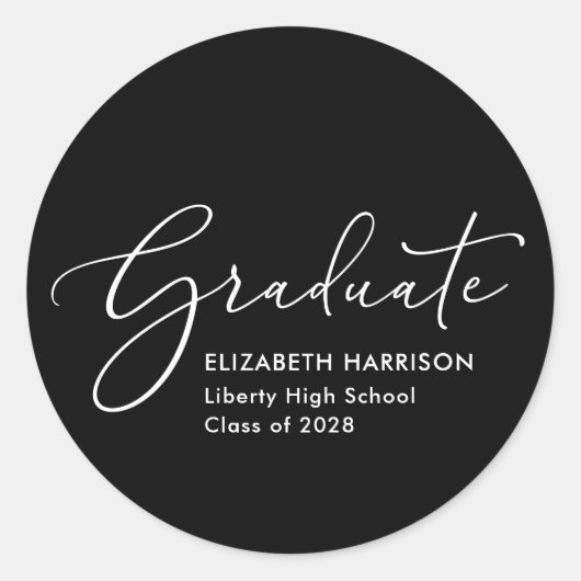 Elegant Script Black Afstuderen Ronde Sticker (Voorkant)