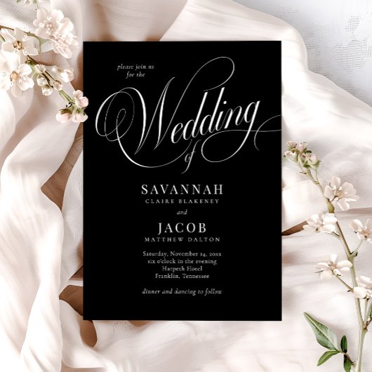 Elegant Script Black and White Wedding Kaart