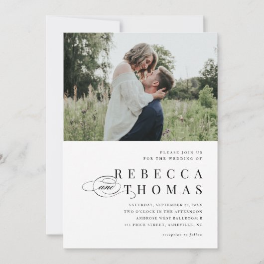 Elegant Script Black and White Wedding Kaart (Voorkant)