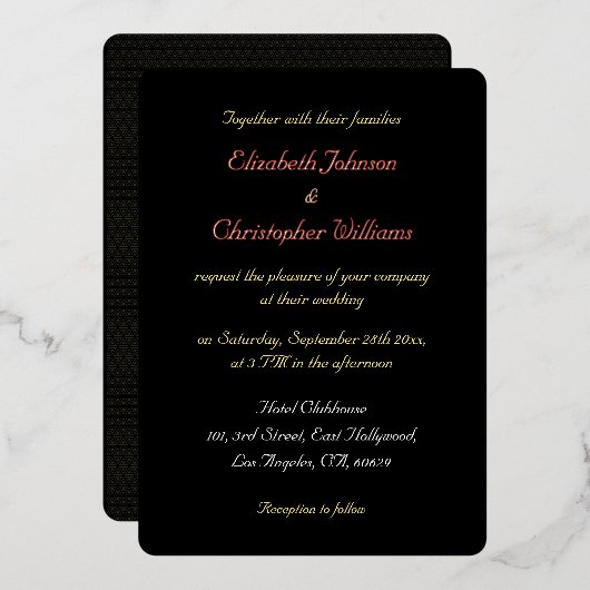 Elegant Script Black Custom Weddenschap Roos Gold Folie Uitnodiging (Voorkant / Achterkant)