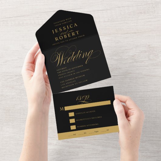 Elegant Script Black en Gold Calligraphy Wedding All In One Uitnodiging (Afscheurbaar)