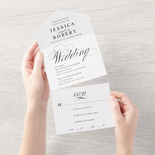Elegant Script Black en White Calligraphy Wedding All In One Uitnodiging (Afscheurbaar)