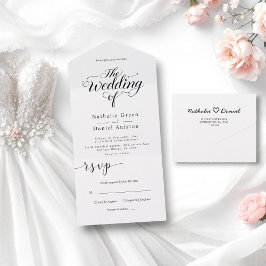 Elegant Script Black en White Simple Wedding All In One Uitnodiging