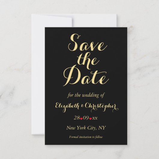 Elegant Script Black Faux Gold Wedding Verloving Save The Date (Voorkant)