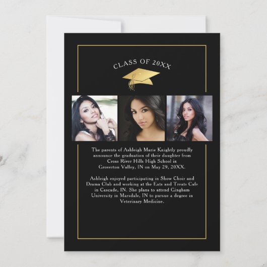 Elegant Script Black Gold 4 Photo-Afstuderen Aankondiging (Achterkant)