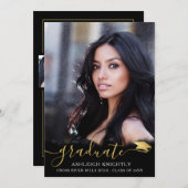 Elegant Script Black Gold 4 Photo-Afstuderen Aankondiging (Voorkant / Achterkant)
