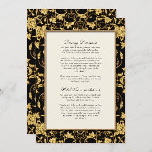 Elegant Script Black Gold Glitter Damask Wedding Kaart (Voorkant / Achterkant)