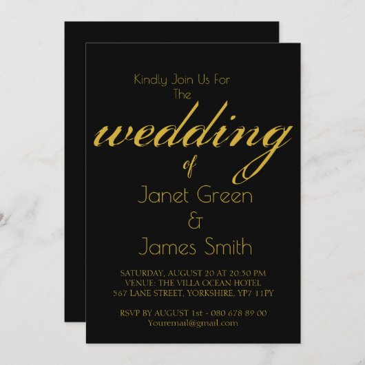 Élégant script Black & Gold Invitation (Devant / Derrière)