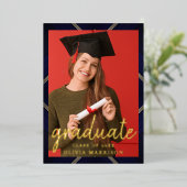 Elegant Script Black Gold Photo Collage Afstuderen Folie Uitnodiging (Staand Voorkant)