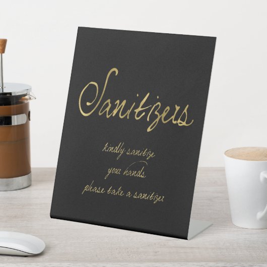 Elegant Script Black Gold Sanitizers Weddenschap Reclamebord Met Voetstuk (Insitu)
