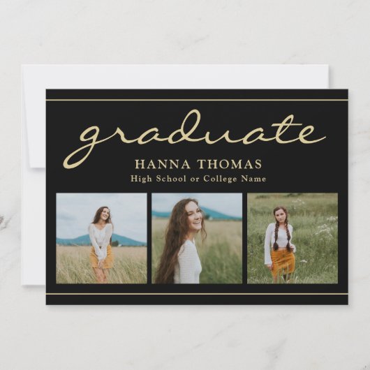 Elegant Script Black Gold Three Photo Afstuderen Kaart (Voorkant)