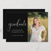 Élégant Script Black Graduation Photo Invitation (Devant / Derrière)