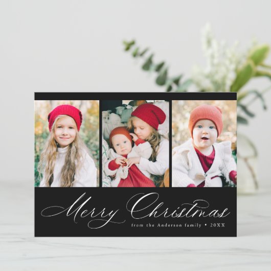 Elegant Script Black Merry kerst 3 Foto Feestdagenkaart (Staand voorkant)