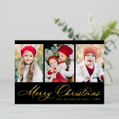 Elegant Script Black Merry kerst 3 Foto Folie Feestdagenkaart (Staand Voorkant)