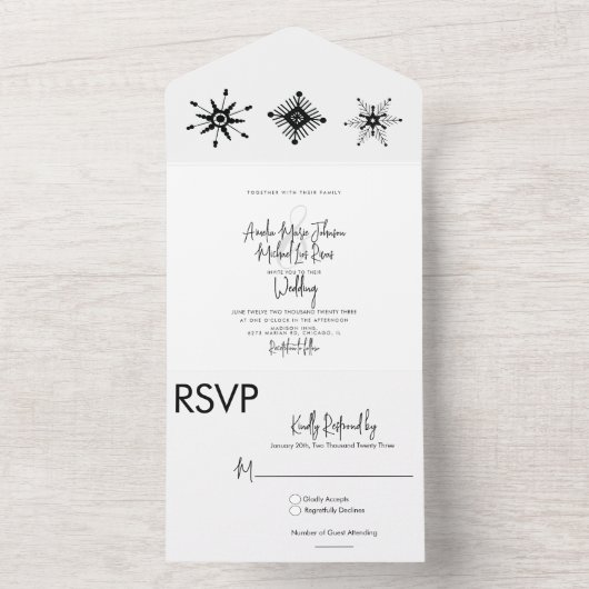 Elegant Script Black Snowflakes kerstbruiloft All In One Uitnodiging (Binnen)